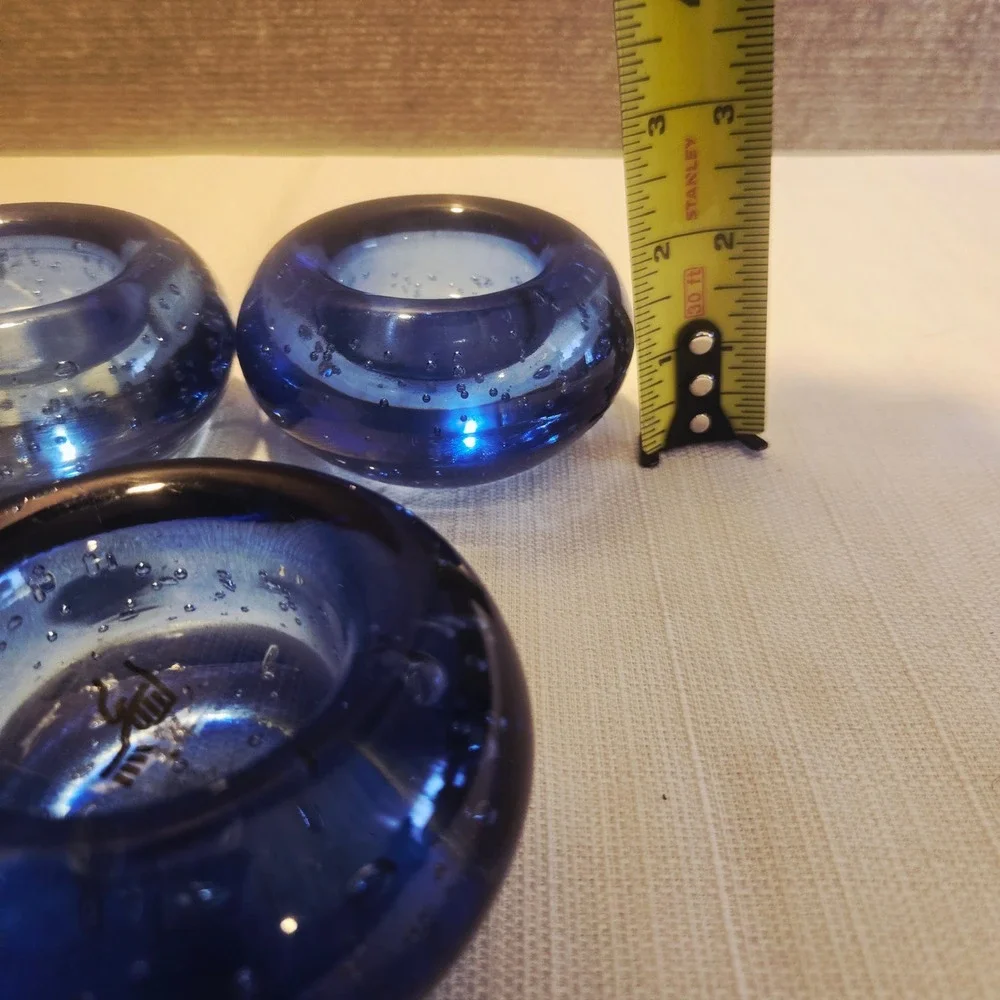 3 IKEA Blue Art Glass Controlled Bubble Paperweight Tea‎ light Candle Holder Set